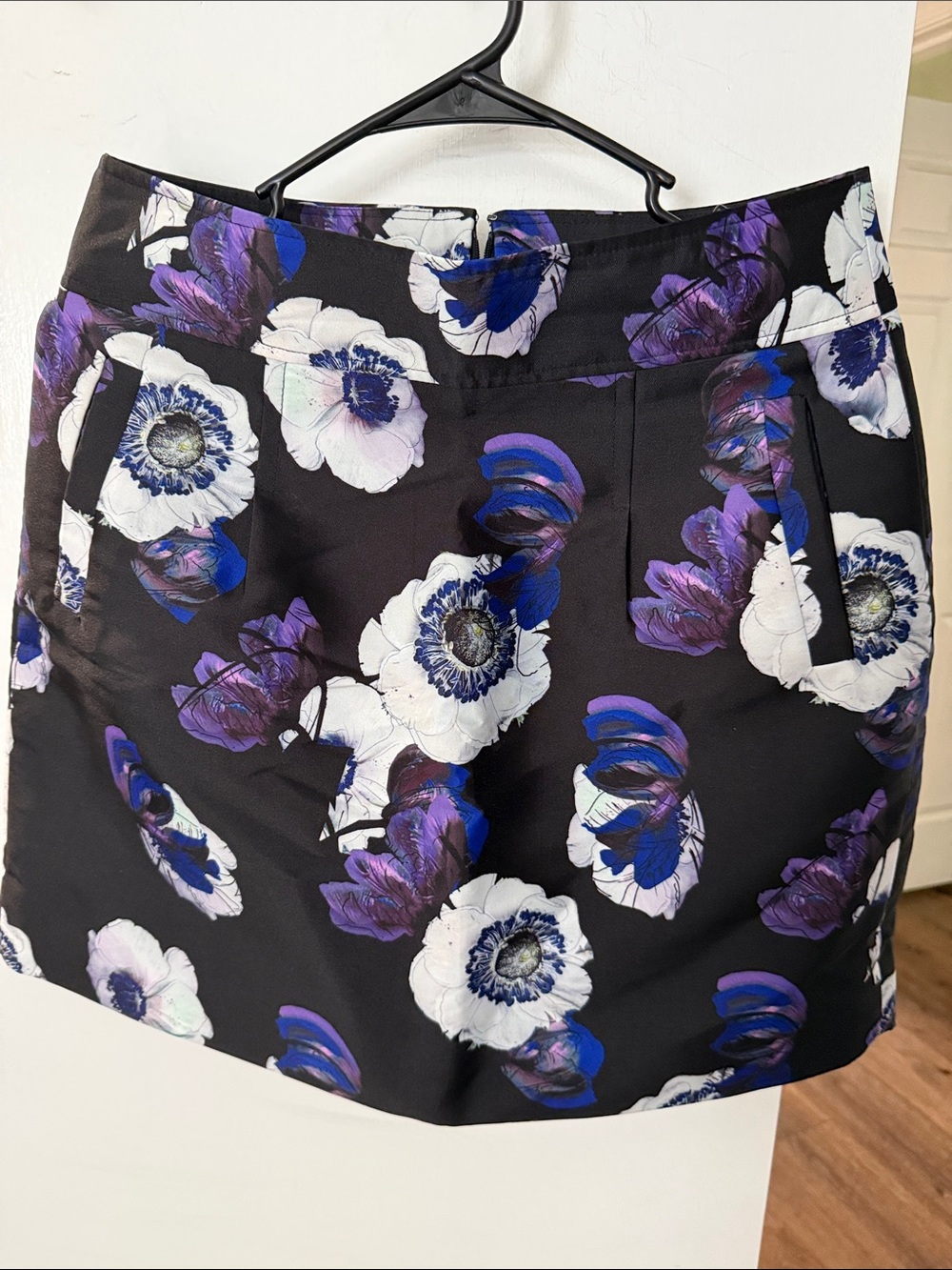 J. Crew Black Floral Mini Skirt with White and Purple Blooms